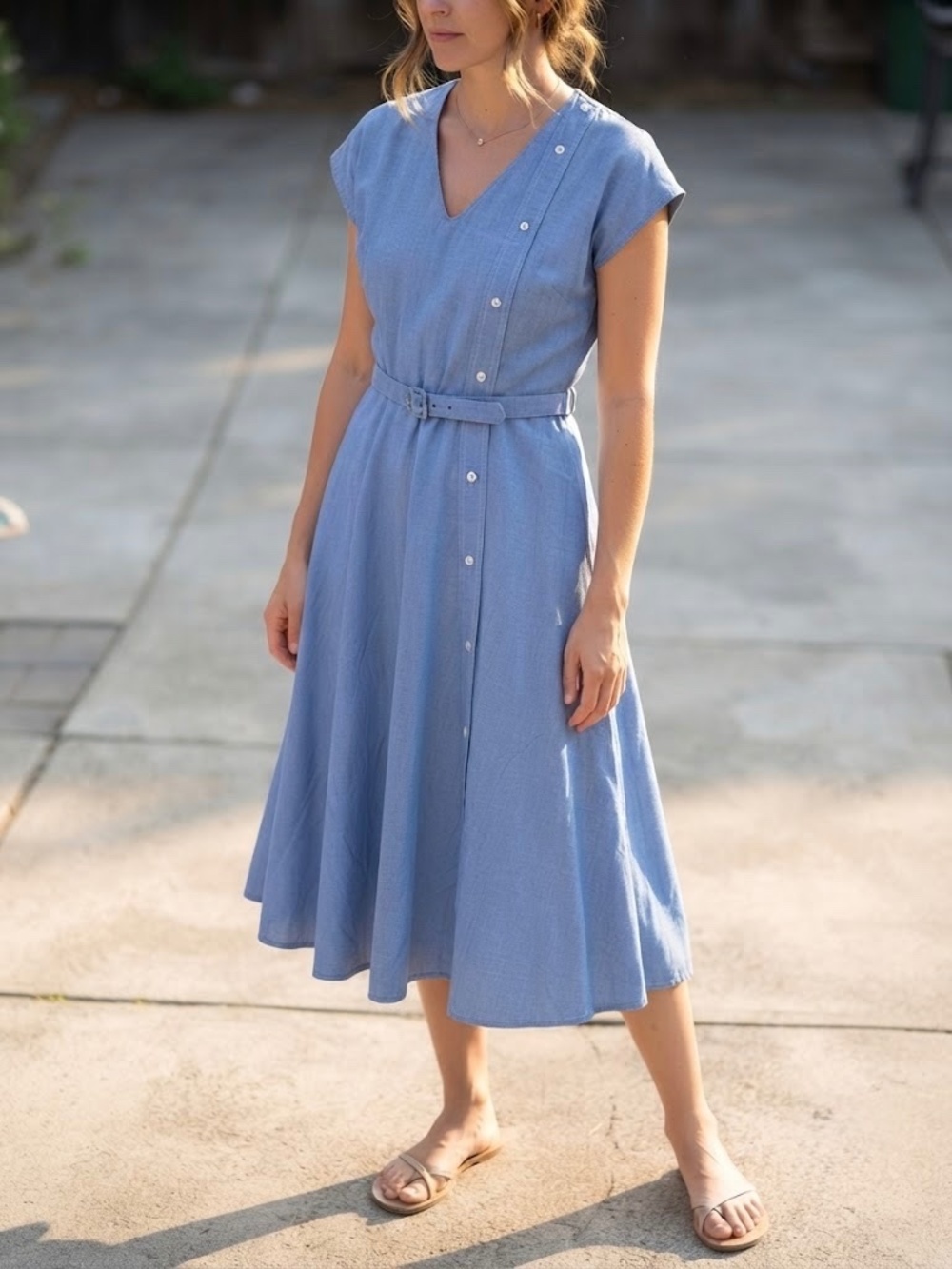 Vintage 60s Alfred Werber Blue Chambray Dress Asymmetrical button Belted Size 12